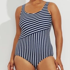 NWT Women's Navy and White Striped UPF 50 One-Piece Tugless Swimsuit